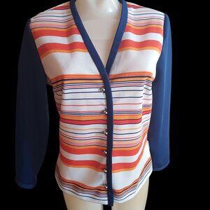 Vintage Women's Medium Cardigan Blouse Vicky Vaughn Junior Striped Polyester 70s